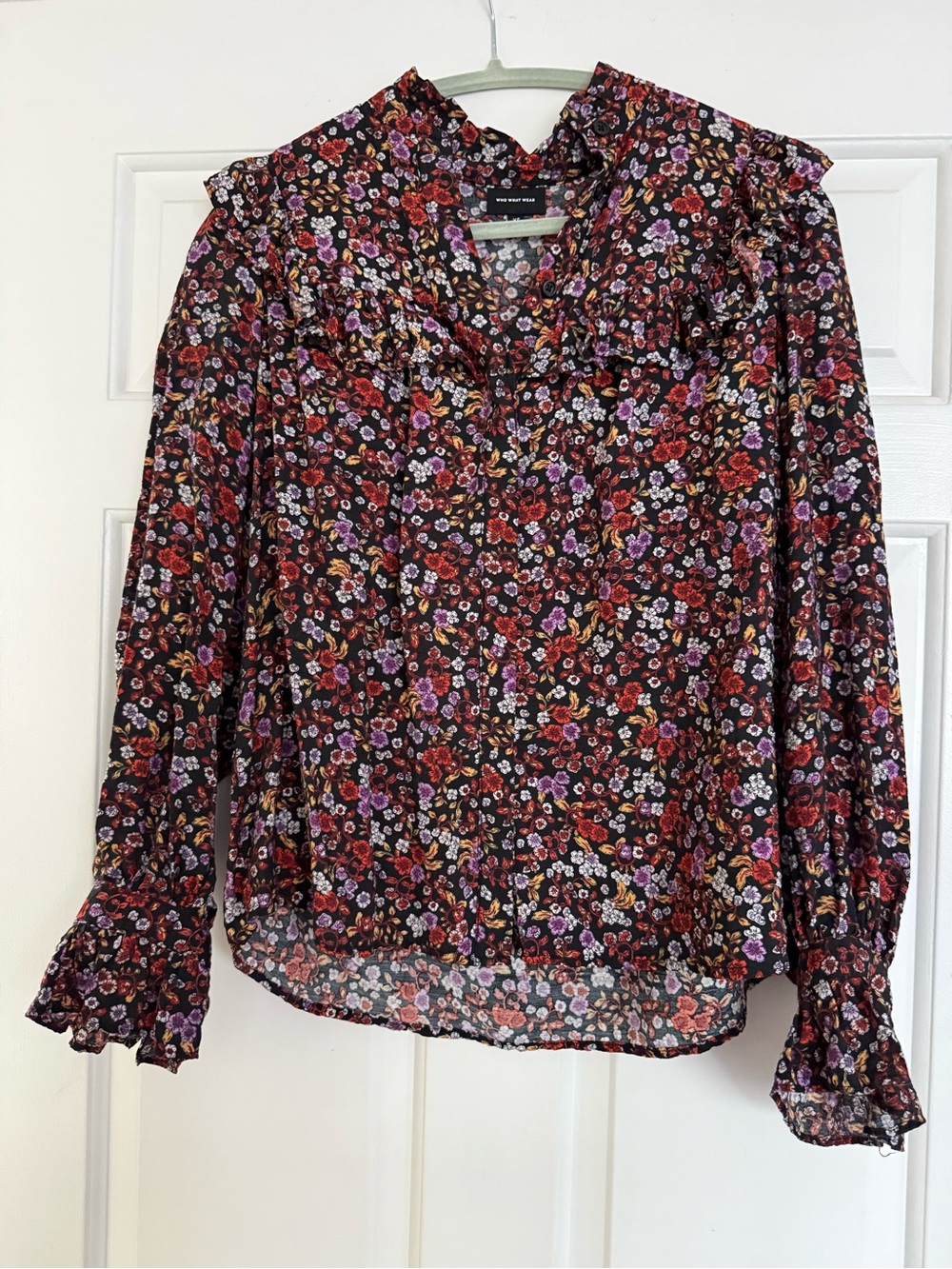 Who What Wear Black Multi Floral Ruffle Blouse